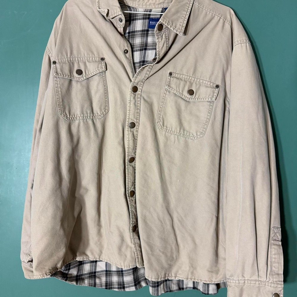 Basic Editions Vintage 90s Button Up Shirt Plaid Lined Tan Canvas Mens 2X